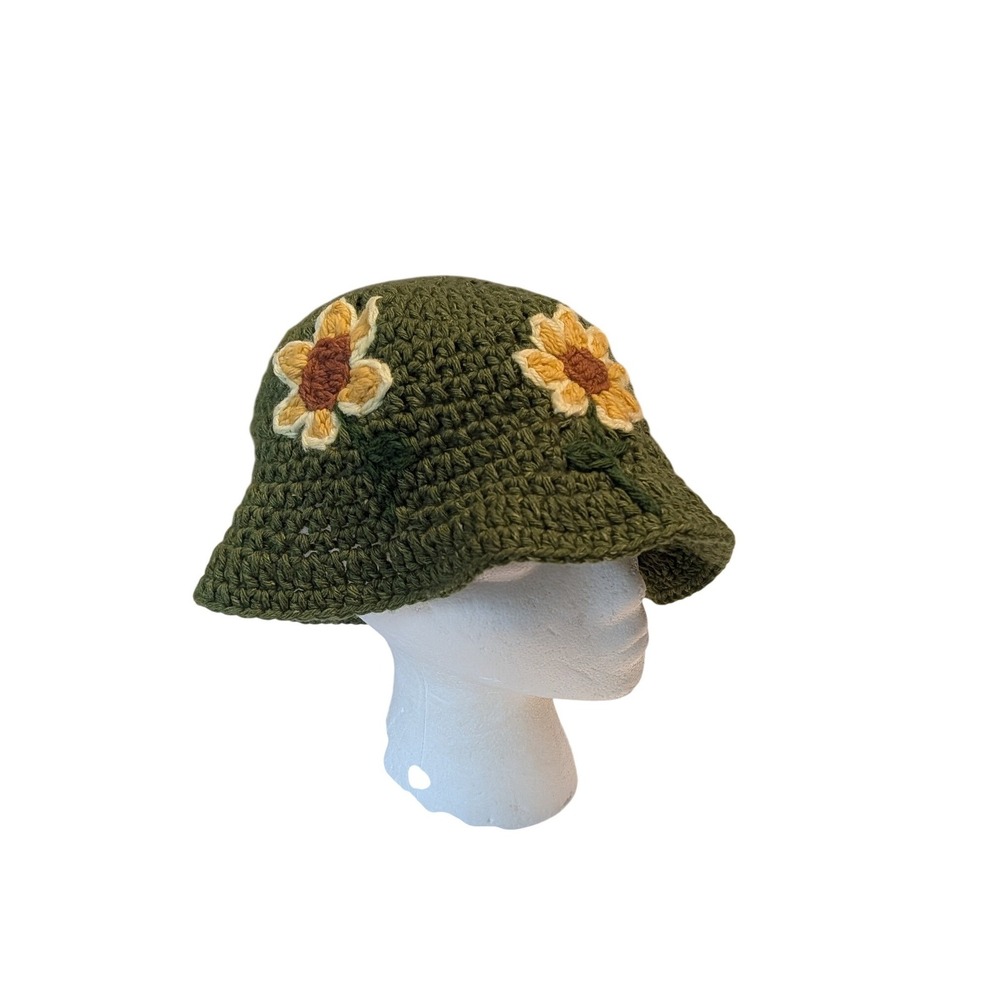 Handmade Crochet Sunflower Bucket Hat Green Boho Festival Cottagecore 70's Knit
